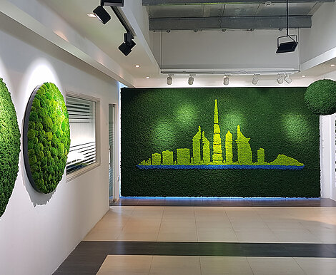 Moss wall in three colours, Evergreen Moss Premium Dubai skyline in Planters Horticulture LLC showroom, UAE