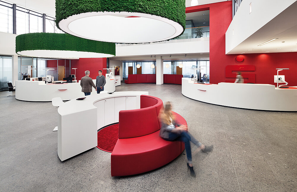 Functionally acoustic lampshades with Evergreen Moss Standard, Sparkasse offices