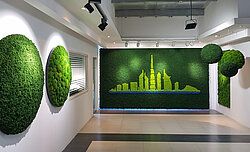 Mooswand in 3 Farben, Evergreen Moos Premium Dubai Skyline in Showroom Planters Horticulture LLC, UAE