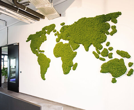 World map and stands made of natural reindeer moss, moss green, Clinton European headquarters