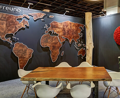 Real leather in custom shape, world map, exhibition installation, imm cologne, Freund GmbH
