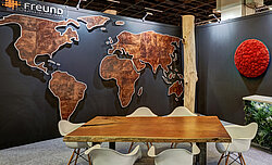 Real leather in custom shape, world map, exhibition installation, imm cologne, Freund GmbH