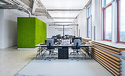 Mooswand in apfelgrün im Büro, Box mit Freund Evergreen Moos Premium