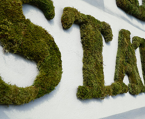 Ambient advertising, large Greenwood moss letters on a house wall, organic soft drink street art campaign
