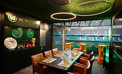 Freund leather floor and leather hugs, seat upholstery, events room, stadium, Fußballarena VfL Wolfsburg VIP lounge