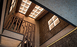 Freund natural Bark House® poplar bark, wall panels, Alpine hotel design, Italy, ski resort, hotel