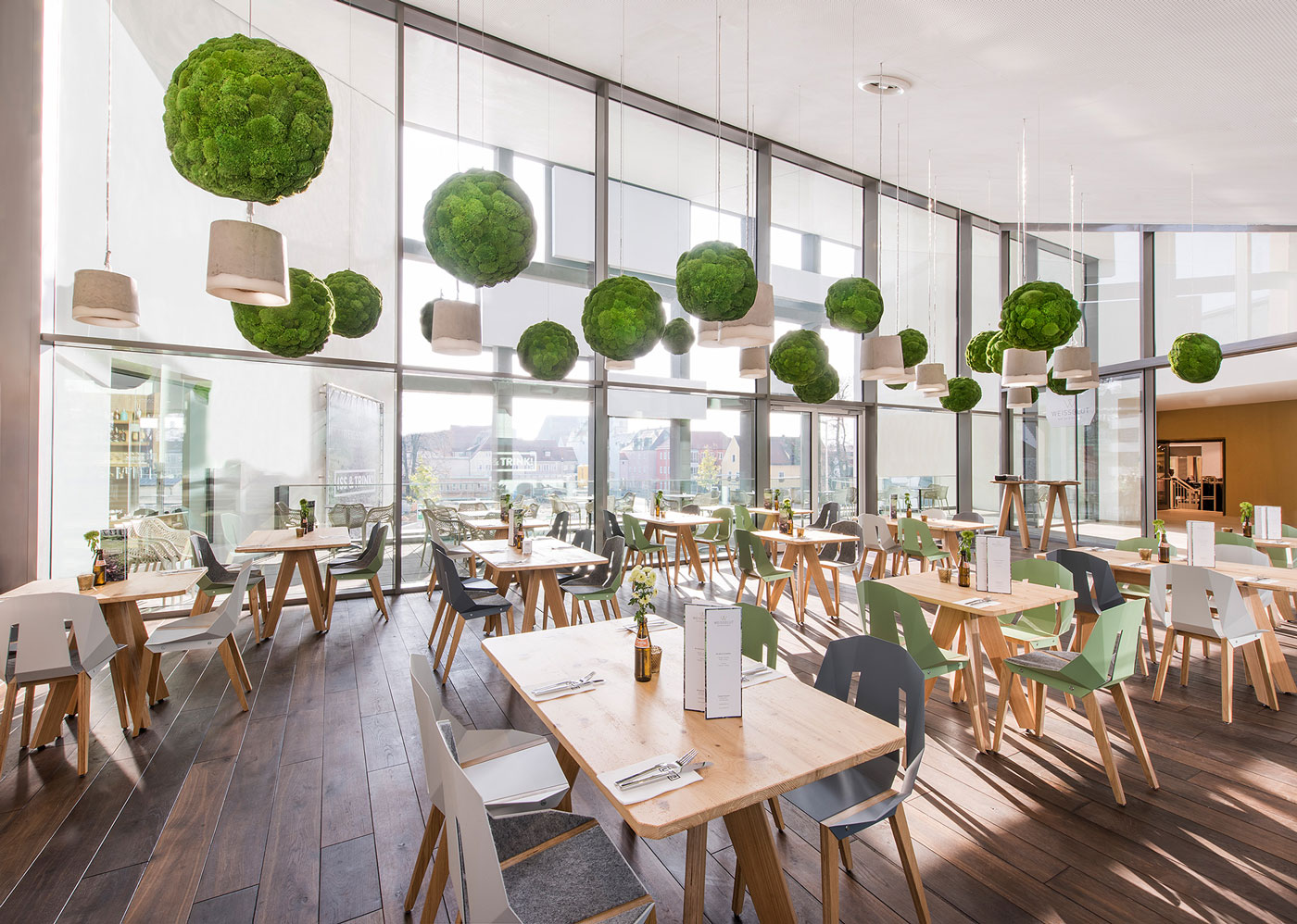 Akustisch wirksame Mooskugeln mit Greenhill Premium Moos von Freund, Restaurant Weissglut